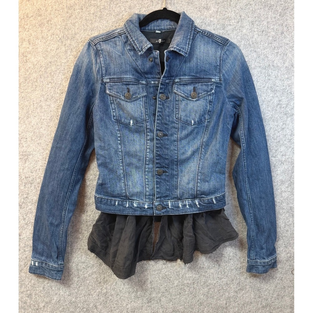 7 For All Mankind Womens Blue Denim Peplum Ruffle Hem Trucker Jacket Small